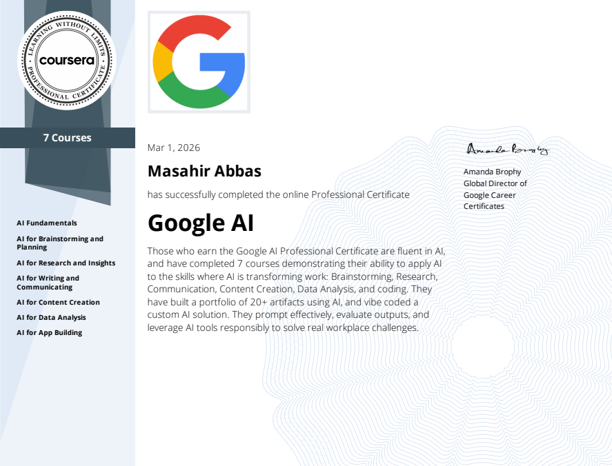 Masahir Abbas got Google AI Specialization certificate