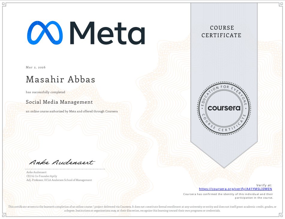 Masahir Abbas got Social Media Management Certificate from Meta